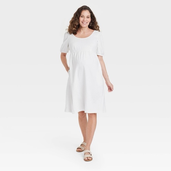 Ingrid & Isabel Puff Short Sleeve Linen Midi Maternity Dress with Pockets - Picture 1 of 4